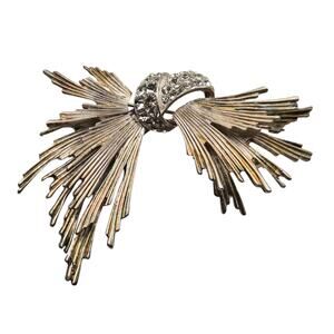 Vintage Silver Tone Rhinestone Bow Brooch Mid Century Statement Pin